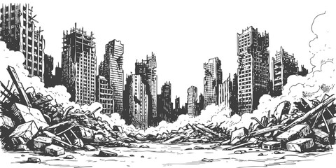 Ruined city buildings with rubble and debris after a disaster in a black and white sketch style illustration