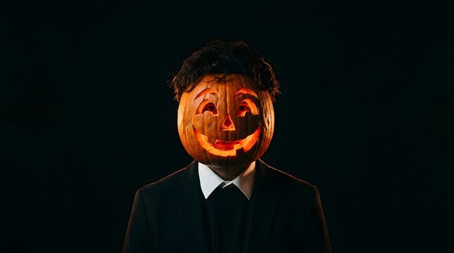 Creepy figure with a carved pumpkin head wearing a business suit