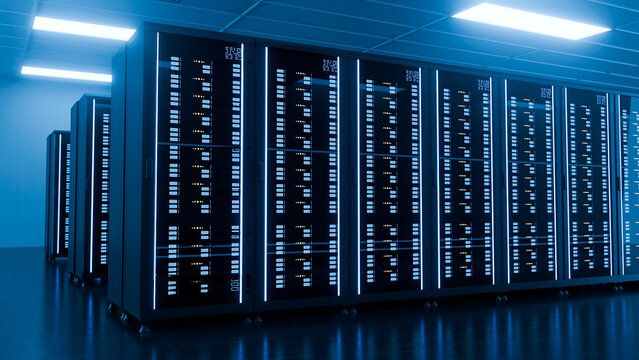 3D Illustration of Modern Data Center Server Room with Glowing Blue Rack Cabinets and LED Lighting