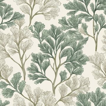 Seamless Vintage Botanical Leaf Pattern with Sage Green and Beige Foliage on Warm Cream Background