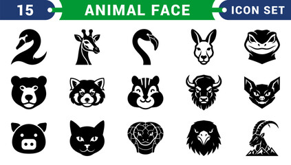 Fototapeta premium 15 Animal Face Icons Set – Wildlife, Safari, Farm Animals and Pet Vector Collection