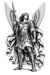 Obraz premium Majestic warrior angel with feathered wings, ornate armor, flowing cloak, and spear in a detailed vintage black and white engraving.
