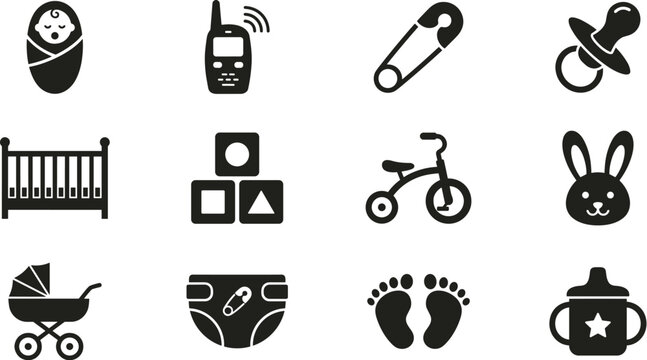 Newborn baby care accessories and toddler toys glyph icons set featuring swaddled infant monitor safety pin pacifier crib blocks tricycle rabbit stroller diaper footprints and sippy cup