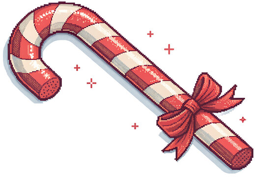Large candy cane with red and white stripes, 8-bit pixel art style