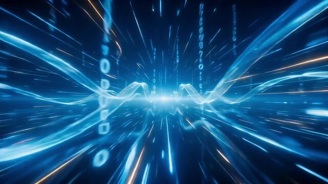Glowing blue digital binary data motion animation flying through hyperspace tunnel fast moving stream background video