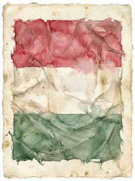 Watercolor painting of the Hungarian national flag on textured vintage paper.