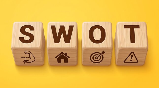 SWOT analysis business strategy concept, wooden blocks with SWOT letters and icons on yellow background, strategic planning and marketing assessment
