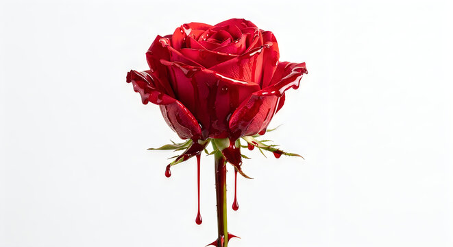 Bloody red rose with dripping stem against clean background