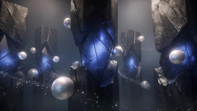 Blue faceted crystals and floating spheres form a cosmic scene in dark mist, evoking mystery, fantasy, and celestial wonder