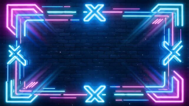 Neon light frame pulsing with blue and pink electric motion on brick wall background digital footage