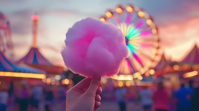 Hand holding sweet pink cotton candy at a fun amusement park at sunset