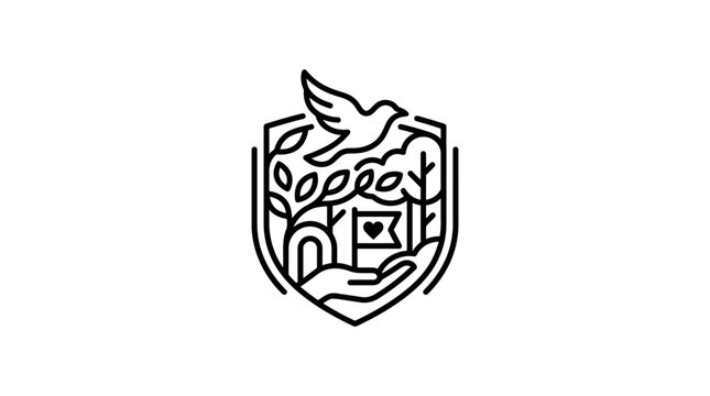 Clean Black and White Minimalist Shield Logo with Flame Dove Tree and Hebrew Text with high quality professional line art symbols for modern creative design and digital branding projects