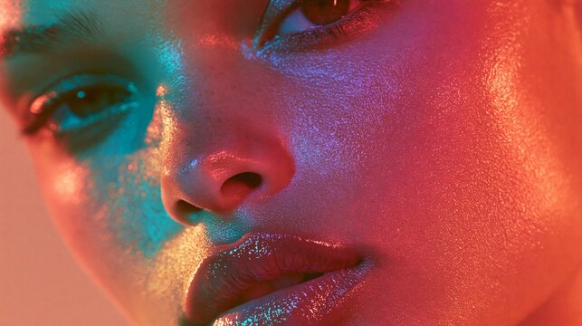 Woman with glossy skin in vivid coral and teal light