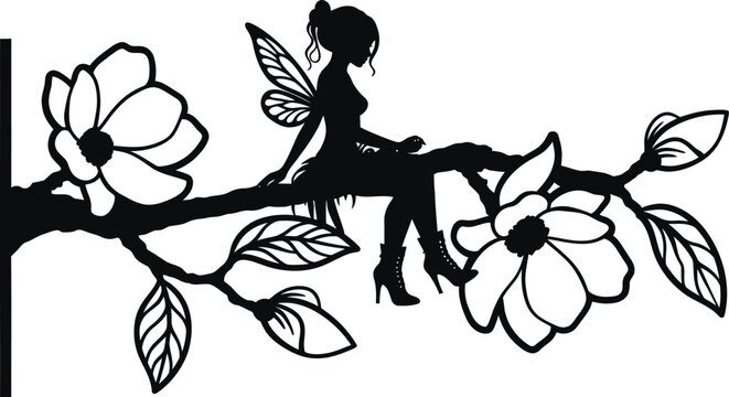 Magical Fairy and Magnolia Floral Branch Silhouette, Flower Branch Vector,Girl Sitting on Floral Tree Silhouette