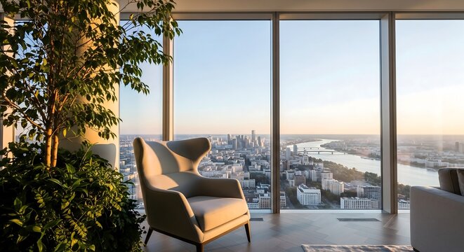 Modern luxury penthouse living room overlooking city skyline and river