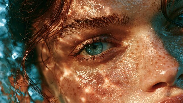 Dewy eye closeup with golden reflections and wet hair