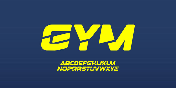 Gym alphabet, bold angled and italic letters with dynamic cutout for movement game logo, racing headline. Powerful and determined contemporary typography. Vector font