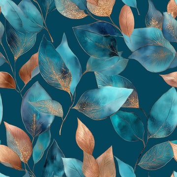 Seamless Luxury Botanical Pattern with Teal Leaves, Copper Gold Foliage and Dark Navy Background