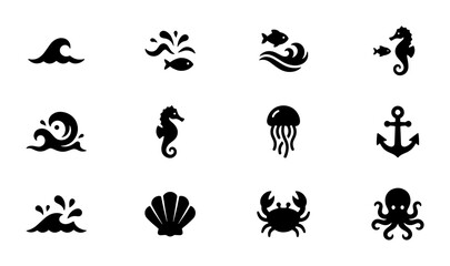 Marine Life Icons Set, Ocean Waves, Nautical Symbols, Seafood Elements, Aquatic Creatures Vector Graphics, Sea Life Collection © Etu