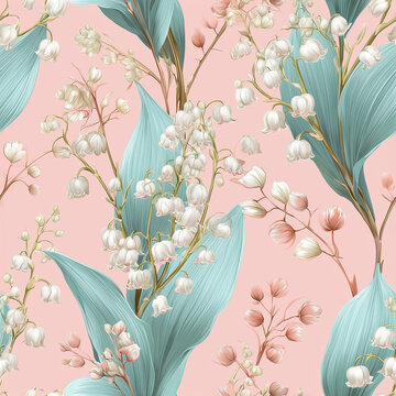 Seamless Botanical Lily of the Valley Pattern with White Bell Flowers, Turquoise Leaves and Delicate Pink Sprigs on Blush Background