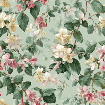 Seamless Watercolor Fuchsia Floral Pattern with Pink and Cream Hanging Blossoms, Green Leaves and Soft Mint Background