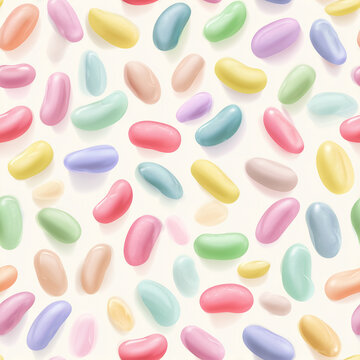 Seamless Pastel Jelly Bean Candy Pattern with Colorful Glossy Sweets on White Background