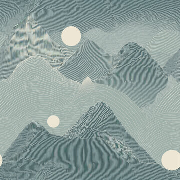 Seamless Minimal Mountain Landscape Pattern with Layered Sage Green Peaks, Fine Contour Lines and Cream Sun Motifs