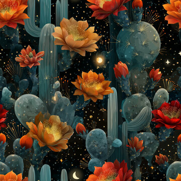 Seamless Surreal Desert Cactus Pattern with Glowing Orange and Red Flowers, Starry Black Sky and Mystical Botanical Landscape