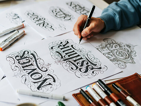 Hand of a creative artist sketching intricate gothic calligraphy and ornamental lettering designs on paper using professional markers