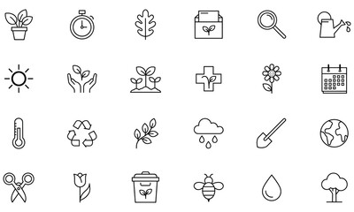 Fototapeta premium Set of environmental and gardening line featuring plants, weather, recycling, and nature