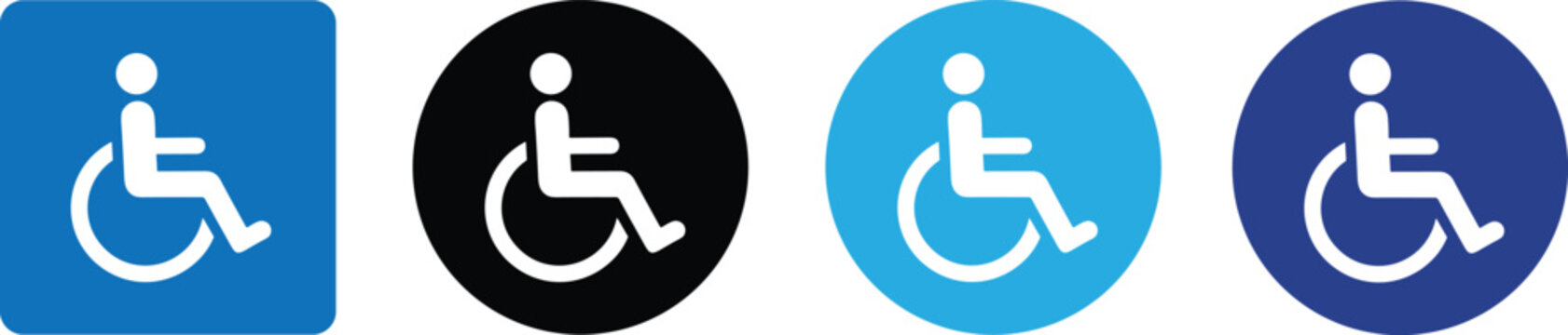 Handicap wheelchair accessibility symbol vector set featuring blue and black square and circular access icons