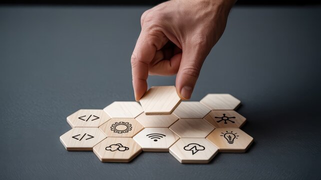 Software development concept with wooden hexagon tiles, hand building web application architecture, programming and coding icons on wood blocks