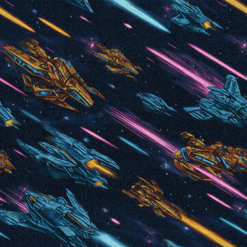Seamless Futuristic Space Battle Pattern with Neon Starships, Colorful Laser Trails and Dark Cosmic Starfield
