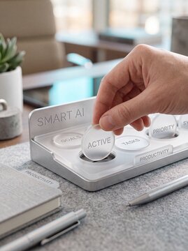 Business professional placing active task token into smart productivity management system desk organizer workspace tool