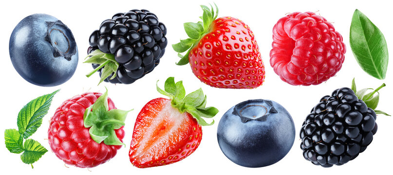 Collection of juicy ripe mixed berries: blueberry, blackberry, strawberry, raspberry with leaves isolated on transparent background.