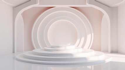 Naklejka premium Minimalist stage design. Circular platforms, soft lighting, pastel colors create elegant presentation space. Modern architecture.