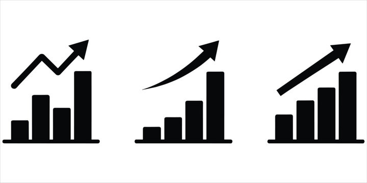 Three black bar graph icons showing upward trends on white background Keywords: bar graph, chart, statistics, data, growth