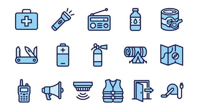 Emergency Preparedness and Survival Kit Icons for Disaster Readiness