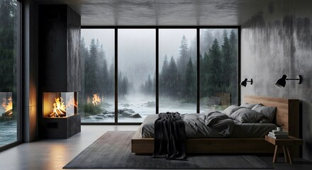 Obraz premium Cozy modern bedroom interior with fireplace overlooking rainy pine forest