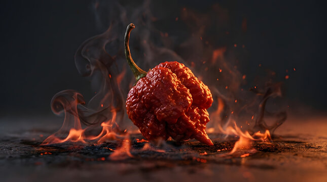 Intense red chili pepper burning in flames and thick smoke