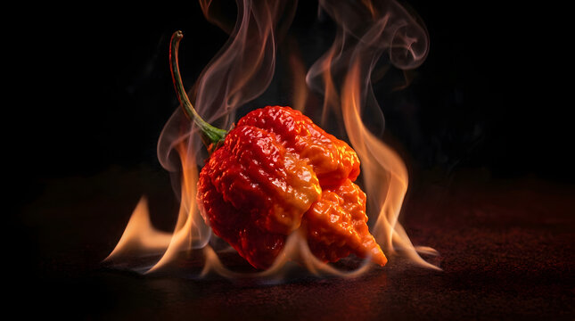 Burning red hot chili pepper with flames and smoke on dark surface