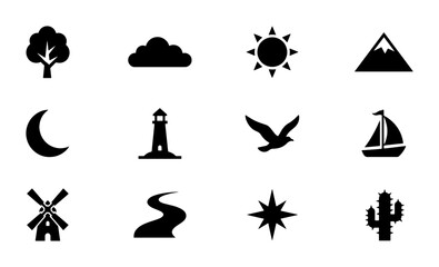 Obraz premium Nature and Travel Icons Set: 12 Black Silhouette Vector Graphics for Outdoor Adventure and Scenic Journeys, Including Landscape, Celestial, and Nautical Elements
