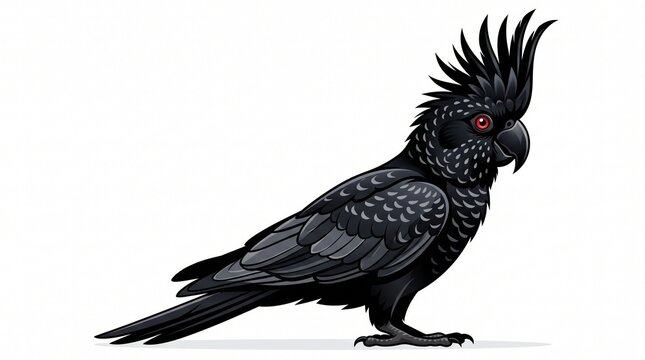 Black Cockatoo Parrot Bird with Red Eyes and Crest Isolated