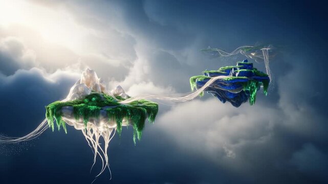 Floating green islands with mountain peaks and glowing paths, digital artwork, set against stormy clouds, symbolizing wonder
