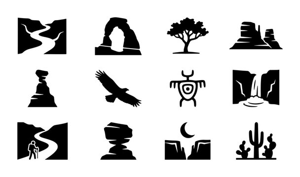 Desert Landscape Icons Set, Southwestern Nature Vector Graphics, Arid Environment Symbols, Adobe Stock Vector Collection