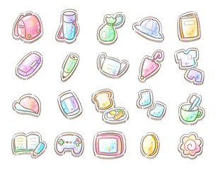 Cute pastel puffy stickers set of school supplies and kids items on white background