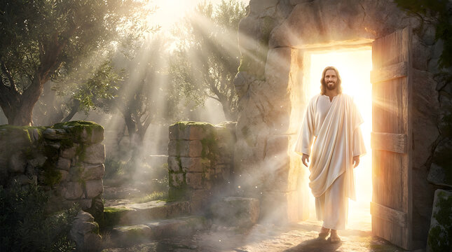 Man in white robes emerging from a stone tomb into a bright garden