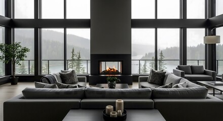 Fototapeta premium Modern Luxury Living Room Interior With Cozy Fireplace And Scenic View