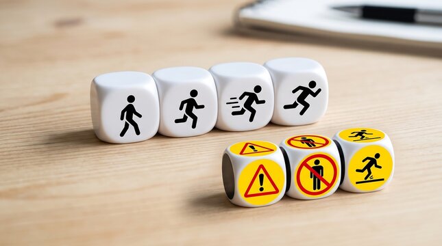 Conceptual evolution of movement on white dice, workplace safety and risk management icons, progress from walking to running on wooden background