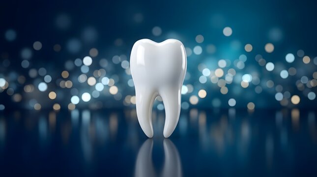 A single clean white human tooth standing on a reflective surface against a dark blue background with glowing bokeh lights